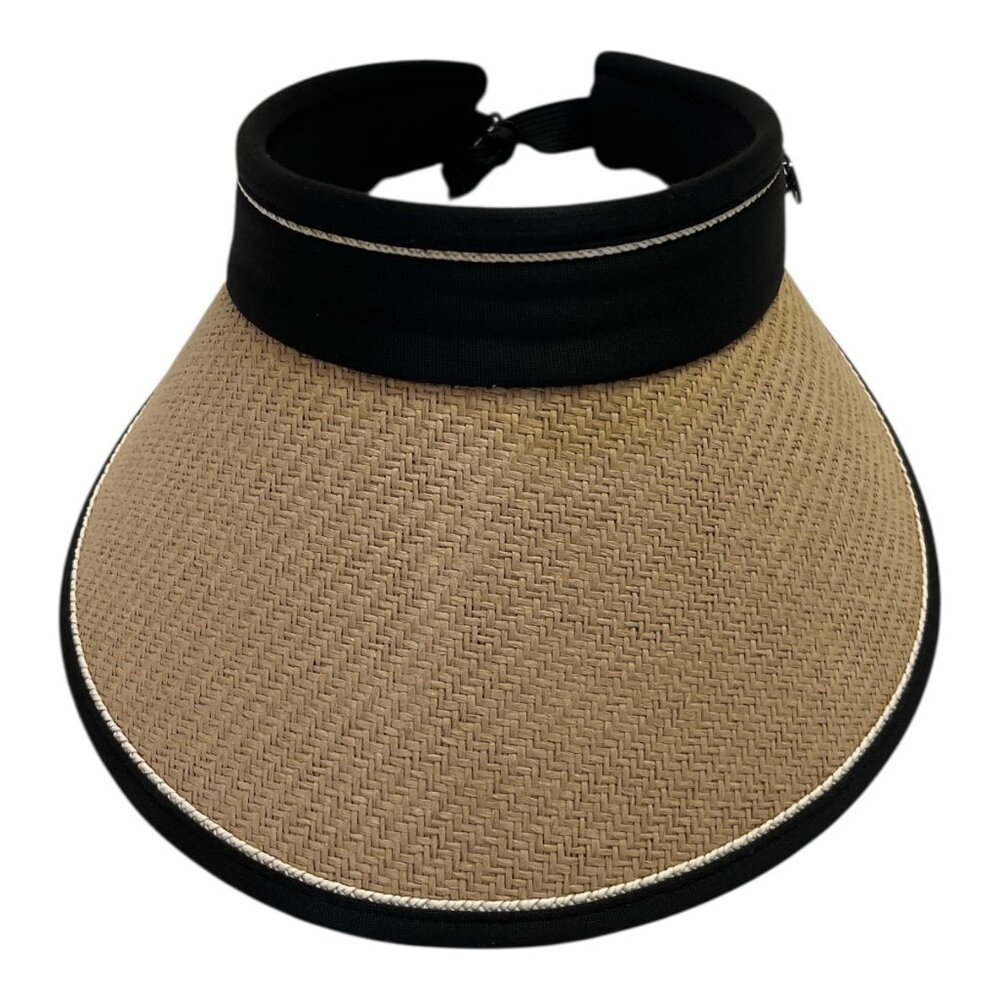 Women’s Wide Brim Straw Sun Visor Hat Black Trim Adjustable Golf Tennis Beach